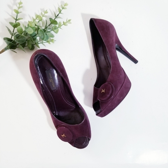 LOUIS VUITTON Chelsea Open Toe Aubergine Suede Leather Pumps 37 US 7 - Picture 12 of 16